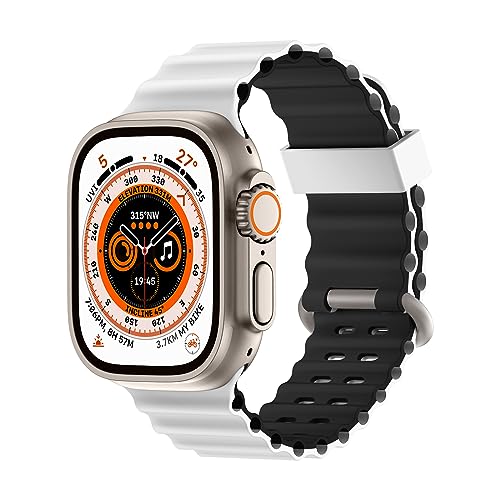 Higgs Armband Kompatibel mit Apple Watch Armband Ultra/Ultra 2 49mm 45mm 44mm 42mm Damen/Herren, Zweifarbige Perforation Silikon Sport Armbänder für iWatch Series 9 8 7 SE 6 5 4 3 2 1, Weiß Schwarz von Higgs