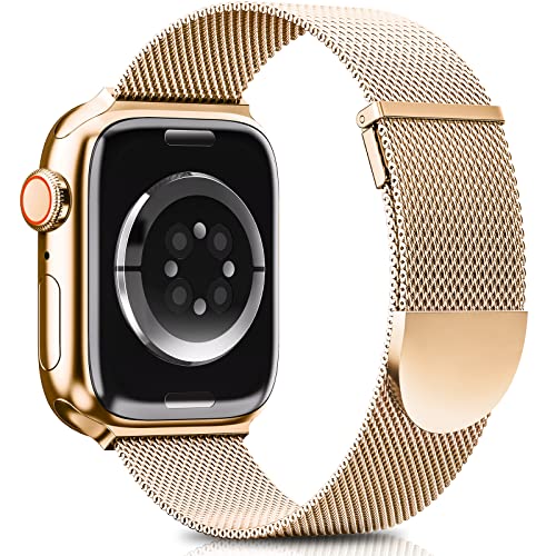 Higgs Ersatzarmband Kompatibel mit Apple Watch Armband 45mm 44mm 42mm für Damen/Herren, Dual Magnet Einstellbar Armbänder für iWatch Series 9 8 7 6 SE 5 4 3 2 1, RoséGold Edelstahl Metall von Higgs