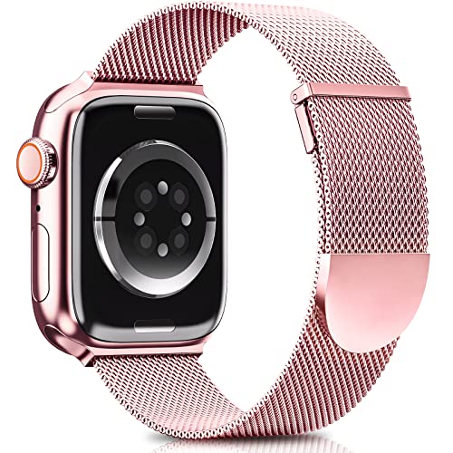 Higgs Ersatzarmband Kompatibel mit Apple Watch Armband 46mm 45mm 44mm 49mm 42mm Damen/Herren, Dual Magnet Einstellbar Armbänder für iWatch SE Series 10 9 8 7 6 5 4 3 2 1, RoséRosa Edelstahl Metall von Higgs