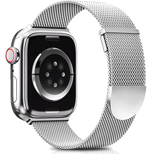Higgs Ersatzarmband Kompatibel mit Apple Watch Armband 45mm 44mm 42mm für Damen/Herren, Dual Magnetisch Einstellbar Armbänder für iWatch Series 9 8 7 6 SE 5 4 3 2 1, Silber Edelstahl Metall von Higgs