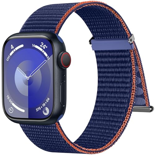 Higgs Gewebtes Nylon Armband Kompatibel mit Apple Watch Armband 41mm 40mm 38mm Damen Herren, Sport Loop Armbänder für iWatch Series 9 8 SE 7 6 5 4 3 2 1, Klettverschluss Verstellbare, Marineblau von Higgs