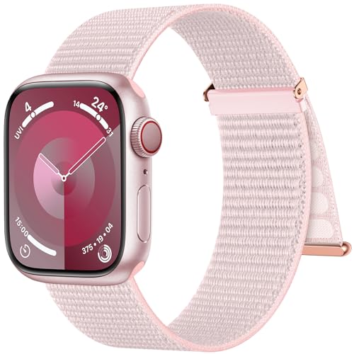 Higgs Nylon Armband Kompatibel mit Apple Watch Armband 42mm(Series 10) 41mm 40mm 38mm Damen Herren, Sport Klettverschluss Verstellbare Armbänder für iWatch SE Series 10 9 8 7 6 5 4 3 2 1,Hellrosa von Higgs