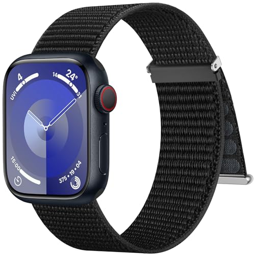 Higgs Nylon Armband Kompatibel mit Apple Watch Armband 42mm(Series 10) 41mm 40mm 38mm Damen Herren, Sport Klettverschluss Verstellbare Armbänder für iWatch SE Series 10 9 8 7 6 5 4 3 2 1,Schwarz von Higgs