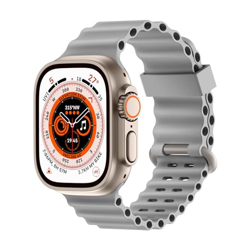 Higgs Ocean Ersatzarmband Kompatibel mit Apple Watch Armband Ultra/Ultra 2 49mm 45mm 44mm 42mm Damen/Herren, Silikon Sport Verstellbare Armbänder für iWatch Series 9 8 7 SE 6 5 4 3 2 1, Grau von Higgs