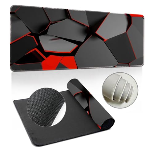 Highdi Geometrisch Gaming Mauspad XXL/XL/L,Muster Mauspad Groß Mousepad Genähten Kanten und Anti Rutsch Großes Mauspad Schreibtischunterlage Desk Mat für Büro,Tastatur (300 * 800 * 2mm,Rot) von Highdi