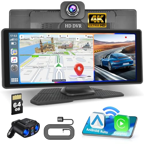 10,26" Bildschirm Drahtloser Apple Carplay mit 4K Dashcam, GPS-Track, ADAS, Tragbarer Autoradio Android Auto mit Bluetooth Freisprecheinrichtung FM Übertragung, Siri, Airplay + 64G Karte von Hikity