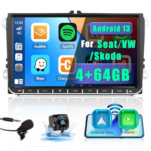 [4+64G] Android Carplay Wireless Autoradio mit Navi für VW Golf 5 6 Polo Skoda Passat Wireless Android Auto Radio mit 9 Zoll Touch Display Bluetooth Auto Radio mit WiFi FM/RDS Mikrofon Rückfahrkamera von Hikity