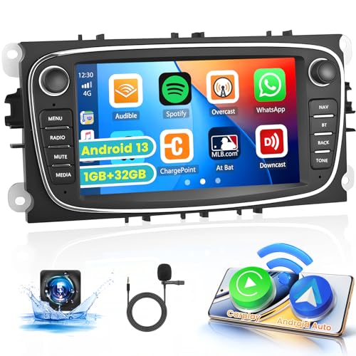 Android 13 Autoradio mit Wireless Carplay Android Auto für Ford Focus Kuga Galaxy C-MAX S-MAX Mondeo MK4 7 Zoll Autoradio mit Bildschirm Navi Bluetooth WiFi FM RDS (Schwarz) von Hikity