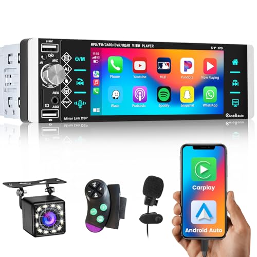 Hikity Autoradio 1 Din Apple Carplay & Android Auto mit Bildschirm 5.1 Zoll Touch Display Radio Bluetooth Freisprecheinrichtung mit Rückfahrkamera FM USB/SD/AUX/KI-Sprachassistent +Mikrofon von Hikity