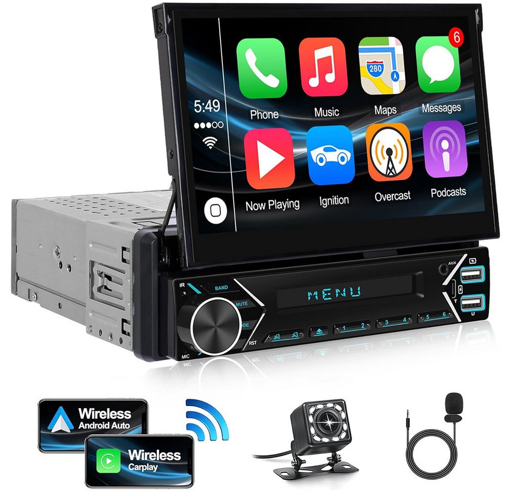 Hikity 1 DIN 7 Zoll motorisierter ausfahrbarer Touchscreen GPS Rückfahrkamera Autoradio (Kabelloses Carplay Android Auto, Bluetooth 5.0/Mirror Link/USB/FM/AUX) von Hikity