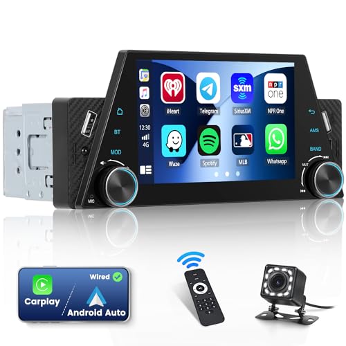 Hikity 1 Din Autoradio mit Carplay Android Auto, 5 Zoll Touch Display Autoradio mit Bildschirm Bluetooth Mirror Link FM USB Typ-C SWC Rückfahrkamera Mikrofon von Hikity