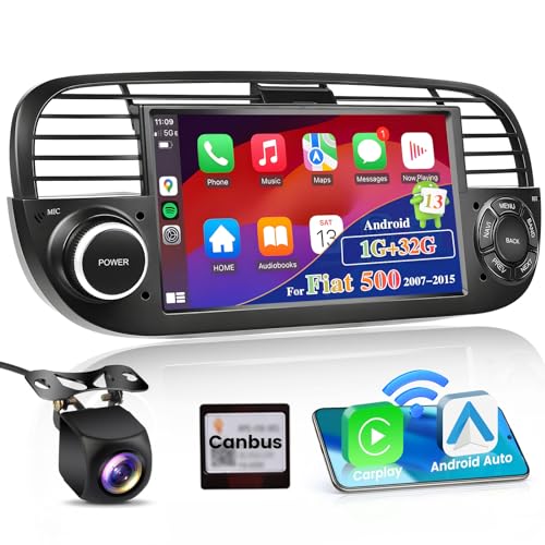 Hikity 1G 32G Wireless Carplay Autoradio Für FIAT 500 2007-2015 Android 13 2Din Stereo Auto Radio Mit Navigation Bluetooth Freisprecheinrichtung Android Auto WiFi FM RDS Canbus AHD Rückfahrkamera von Hikity