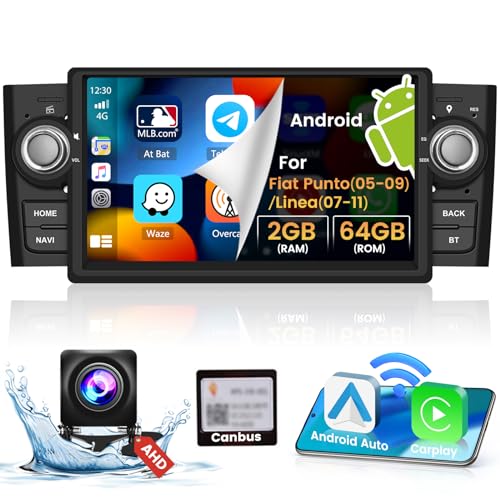 Hikity 2G+64G Android 13 Autoradio für FIAT Punto 2005-2009/Linea 2007-2011 mit 7" Touchscreen Autoradio, Wireless Carplay und Android Auto, mit GPS Mirror Link SWC FM/RDS MIC Rückfahrkamera von Hikity