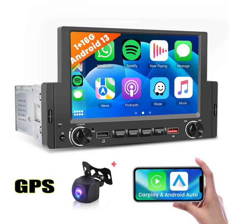 Hikity 6.2 Zoll 1Din Android 13.0 Autoradio Touchscreen Autoradio (GPS, FM, BLUETOOTH, WIFI, Unterstützung TF/USB&Rückansicht, kabelloses Carplay & kabelgebundenes Android Auto) von Hikity