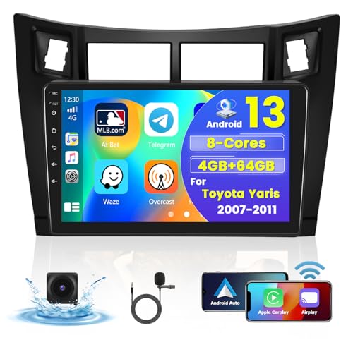 [8Cores 4G+64G] Hikity Autoradio Android 13 Für Toyota Yaris Vizi 2007-2011 9Zoll Touch Display Auto Radio mit 1280*720 Pixel 32EQ FM RDS Wireless Carplay Android Auto GPS Navi WFI MIC Rückfahrkamera von Hikity