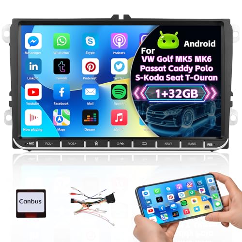 Hikity 9 Zoll Autoradio Android13 2Din für VW Golf 5 Golf 6 Polo Seat Passat Skoda Touran Tiguan 1G 32G Auto Radio mit Navi WiFi Bluetooth Mirror Link FM 2USB + MIC + Rückfahrkamera von Hikity