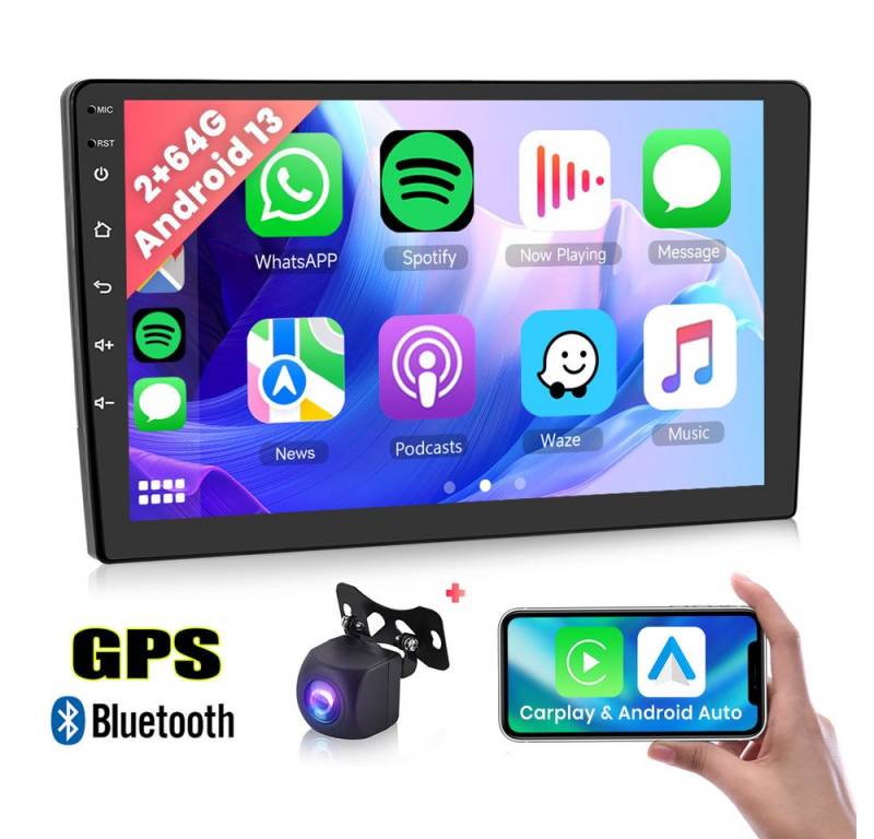 Hikity Android 13.0 2 Din Car Player 9'' HD 1080P mit GPS Autoradio (GPS, WIFI, Hi-Fi, Bluetooth, AI DSP, Drahtloses Carplay&Android Auto) von Hikity