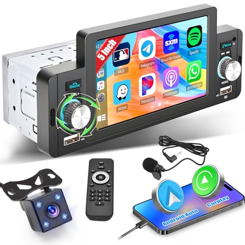 Hikity Carplay Autoradio 1 Din mit 5 Zoll Bildschirm Auto Radio Touch Display mit Bluetooth Freisprecheinrichtung Android Auto Mirror Link FM Radio USB SWC Externes Mikrofon + Rückfahrkamera von Hikity