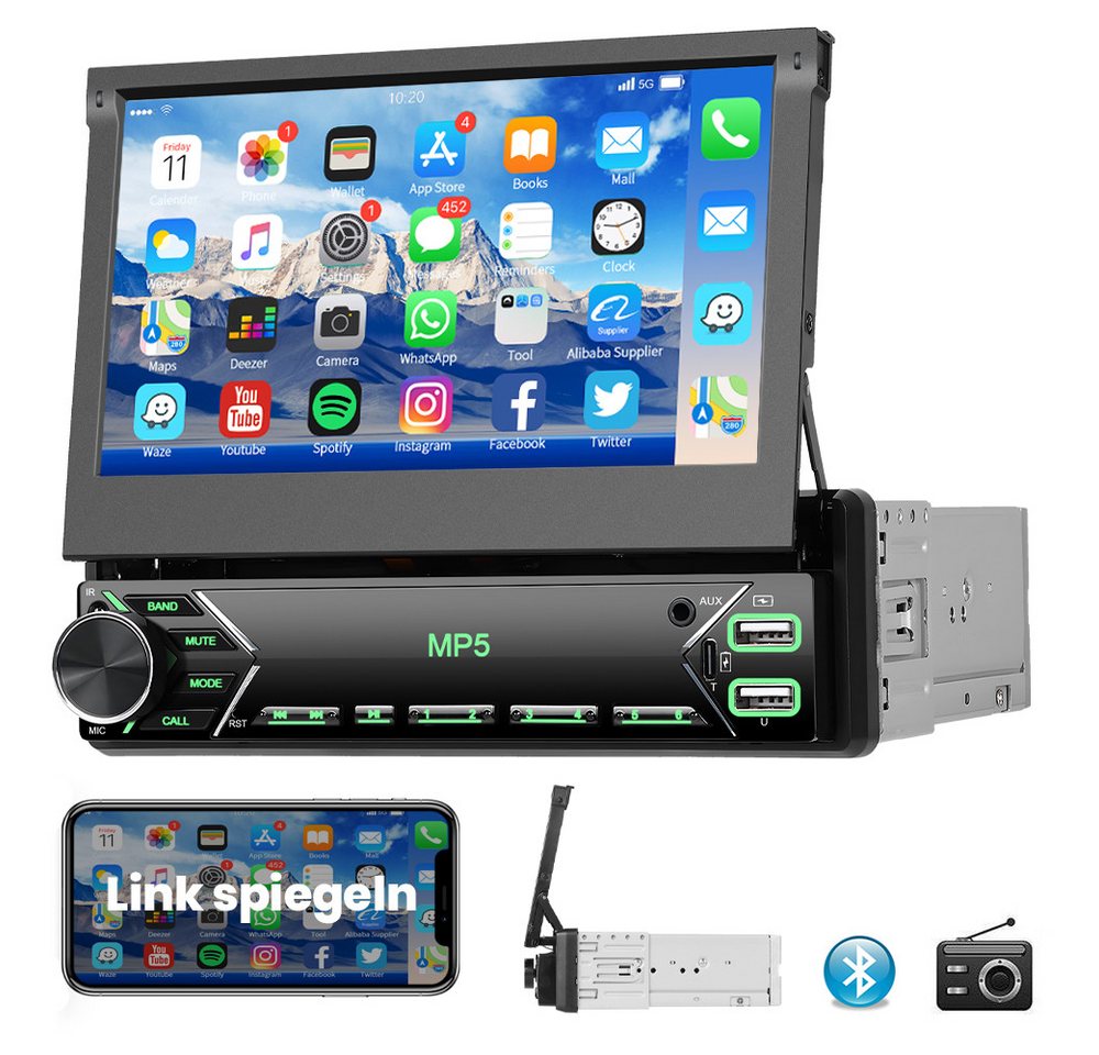 Hikity 1 Din 7" Manuell Einziehbarer MP5-Player mit Mirror Link Bluetooth FM Autoradio von Hikity