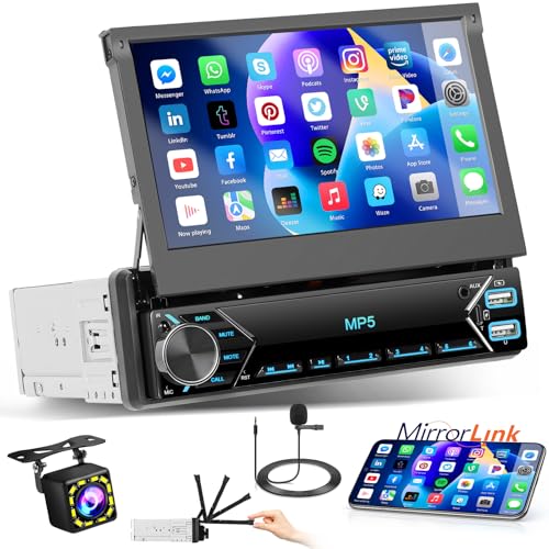 Hikity Autoradio 1Din mit Ausfahrbarem Bildschirm,7Zoll Manuell Einziehbarer Display 1 Din Radio mit Bluetooth Freisprecheinrichtung FM Type-C 2USB AUX Mirror Link SWC Rückfahrkamera von Hikity