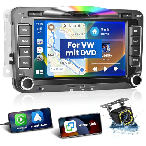 Hikity Carplay Autoradio mit CD DVD Player Für VW Golf 5 6 Passat B6 B7 Polo Caddy Touran 7Zoll Auto Radio Stereo mit Bluetooth Freisprecheinrichtung Android Auto Mirror Link FM Rückfahrkamera von Hikity