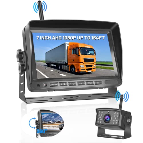 Hikity Kabellos Digital AHD Rückfahrkamera Set mit 7‘’ Split-Screen Monitor IPS Bildschirm & IP66 wasserdichte 18IR Nachtsicht Auto Rückfahrkamera, 12-36V für Auto LKW Wohnmobil Anhänger Van von Hikity