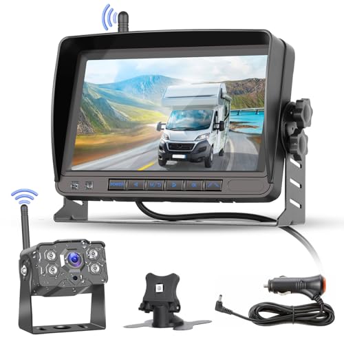 Hikity Kabellos Digital Rückfahrkamera Set 1080P Autokamera Set mit 7Zoll Monitor Wireless Einparkhilfe mit IP68 wasserdichte Nachtsicht Drahtlose Rückfahrkamera für LKW/Van/Wohnmobil/Anhänger/PKW von Hikity