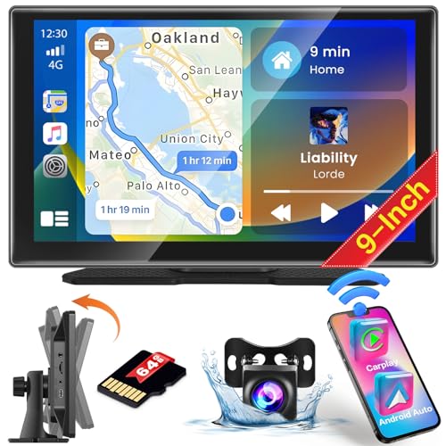 Hikity Tragbares Carplay Autoradio mit 9" Bildschirm Drahtlosem Apple Carplay Android Auto Mirror Link Unterstützung FM Transmitter Bluetooth USB AUX+64GB TF Karte+AHD Rückfahrkamera 7-32V von Hikity