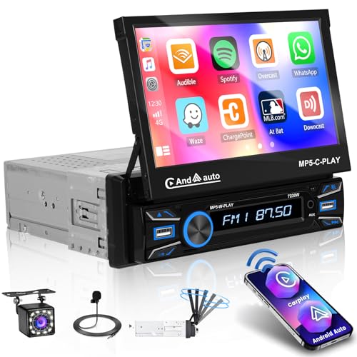 Hikity Wireless Carplay 1 Din Autoradio, Wireless Android Auto Bluetooth Autoradio mit 7 Zoll Bildschirm Touchscreen Motorisiertes Teleskop Display Autoradio mit Rückfahrkamera FM USB Mikrofon von Hikity