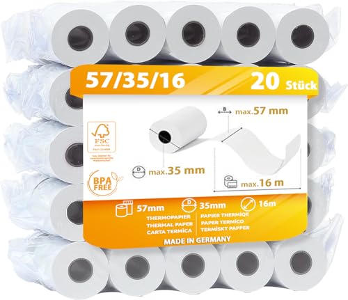 HILLTOM - Thermorollen 57mm X 35mm X 16mt - Kassenrollen 57mm Thermo Bonrollen 57X35X16 - Thermo EC Rollen Thermopapier Kassenrollen - 57mm Thermo Thermorollen - Thermopapier 20 STÜCK von Hilltom