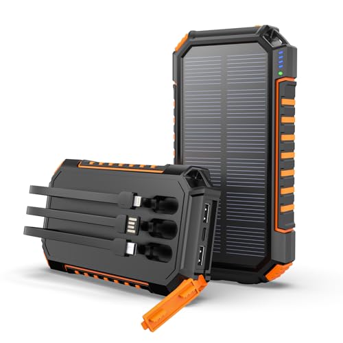 Hiluckey Solar Powerbank 27000mAh, Tragbare Solar Ladegerät mit 3 Integrierten Kabeln, USB C Externer Akku mit 3 Ausgängen Solar Power Bank mit LED Taschenlampe für Smartphones, Tablets von Hiluckey