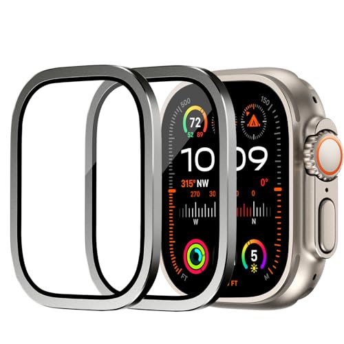 Hinnwer 2 Stück Displayschutz für Apple Watch Ultra 2 49mm Schutzfolie, Titanlegierungsrahmen Ultra-Dünn HD Schutz 9H Schutzglas Kratzfest, Vollflächiger Schutz für Apple Watch Ultra 49mm Folie von Hinnwer