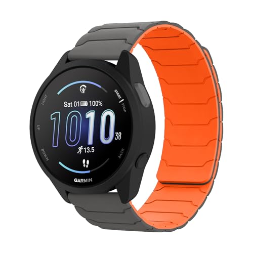 Hinnwer 20mm Armband Kompatibel mit Garmin Forerunner 165/Garmin Vivoactive 5/vívomove Trend/Venu Sq 2, Doppelseitiges Magnetische Silikon Ersatzarmband für Garmin Venu 2 Plus GrauOrange von Hinnwer