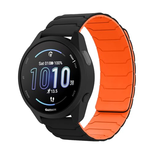 Hinnwer 20mm Armband Kompatibel mit Garmin Forerunner 165/Garmin Vivoactive 5/vívomove Trend/Venu Sq 2, Doppelseitiges Magnetische Silikon Ersatzarmband für Garmin Venu 2 Plus SchwarzOrange von Hinnwer