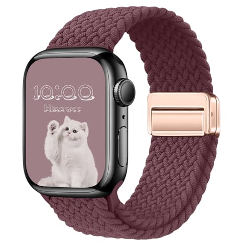 Hinnwer Geflochten Armband für Apple Watch Armband 46mm 42mm 44mm 45mm 49mm, Elastisch Nylon Stoff Band mit Magnetisch Verschluss für iWatch Ultra 2/1 SE 2/1 Series 10 9 8 7 6 5 4 3 2 1 Rotwein von Hinnwer