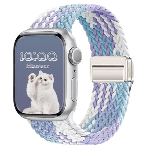 Hinnwer Geflochten Armband für Apple Watch Armband 46mm 42mm 44mm 45mm 49mm, Elastisch Nylon Stoff Band mit Magnetisch Verschluss für iWatch Ultra 2/1 SE 2/1 Series 10 9 8 7 6 5 4 3 2 1 violett von Hinnwer