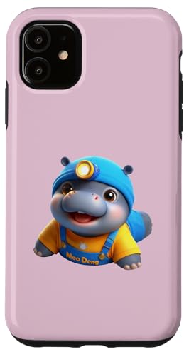 Hülle für iPhone 11 Happy Baby Hippo MOO DENG Yellow Tee Blue Overalls Stirnlampe von Hippominions MOO DENG Bouncy Pork Baby Pygmy Hippo