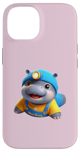 Hülle für iPhone 14 Happy Baby Hippo MOO DENG Yellow Tee Blue Overalls Stirnlampe von Hippominions MOO DENG Bouncy Pork Baby Pygmy Hippo