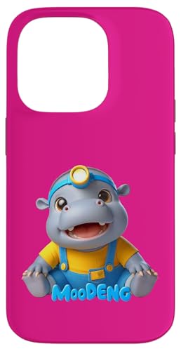 Hülle für iPhone 14 Pro Happy Baby Hippo MOO DENG Yellow Tee Blue Overalls Stirnlampe von Hippominions MOO DENG Bouncy Pork Baby Pygmy Hippo