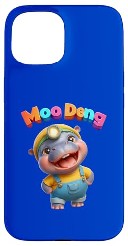 Hülle für iPhone 15 Happy Baby Hippo MOO DENG Yellow Tee Blue Overalls Stirnlampe von Hippominions MOO DENG Bouncy Pork Baby Pygmy Hippo