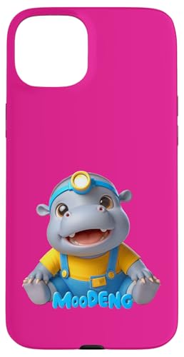 Hülle für iPhone 15 Plus Happy Baby Hippo MOO DENG Yellow Tee Blue Overalls Stirnlampe von Hippominions MOO DENG Bouncy Pork Baby Pygmy Hippo