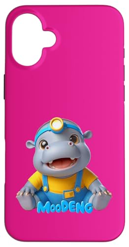 Hülle für iPhone 16 Plus Happy Baby Hippo MOO DENG Yellow Tee Blue Overalls Stirnlampe von Hippominions MOO DENG Bouncy Pork Baby Pygmy Hippo