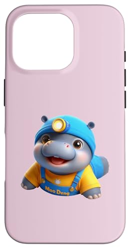 Hülle für iPhone 16 Pro Happy Baby Hippo MOO DENG Yellow Tee Blue Overalls Stirnlampe von Hippominions MOO DENG Bouncy Pork Baby Pygmy Hippo