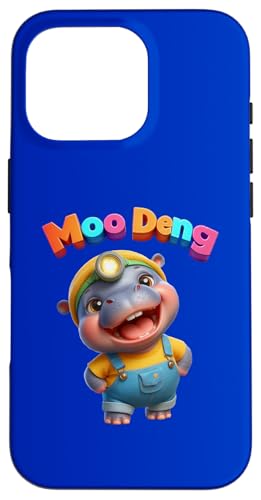 Hülle für iPhone 16 Pro Happy Baby Hippo MOO DENG Yellow Tee Blue Overalls Stirnlampe von Hippominions MOO DENG Bouncy Pork Baby Pygmy Hippo