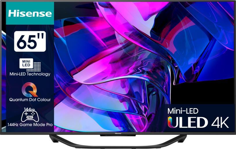 Hisense 65U7KQ. Bildschirmdiagonale: 165,1 cm (65"), Display-Aufl�sung: 3840 x 2160 Pixel, HD-Typ: 4K Ultra HD, Bildschirmform: Flach. Smart-TV. Helligkeit: 1000 cd/m�, Kontrastverh�ltnis: 5000:1, Natives Seitenverh�ltnis: 16:9. Digitales Signalformatsystem: DVB-C, DVB-S, DVB-S2, DVB-T, DVB-T2. WLAN, Eingebauter Ethernet-Anschluss. Produktfarbe: Schwarz (65U7KQ) von Hisense