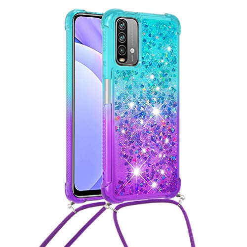 Handykette Handyhülle für Xiaomi Redmi 9T / Poco M3, Hülle Quicksand Gradient Glitzer mit Kette Band, Glitzer Flüssig Bewegende Treibsand TPU Silikon Cover, Handykordel Case mit Kordel Umhängenband von Hkess