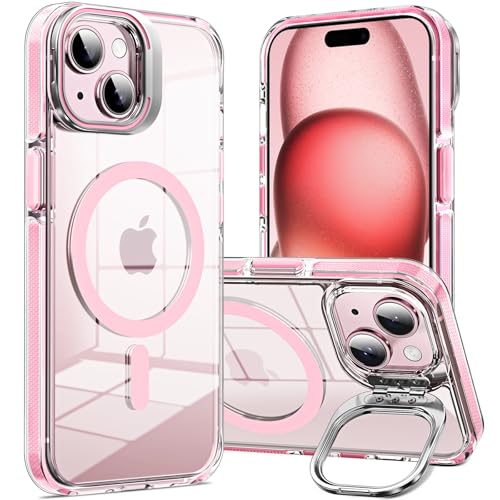 Hocase Schutzhülle für iPhone 15, 15,5 cm (6,1 Zoll), mit Kameraständer, kompatibel mit Magsafe, Fallschutz in Militärqualität, schlank, stoßfest, Anti-Gelb, transparent, Rosa von Hocase