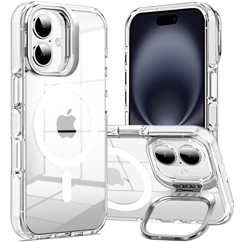 Hocase Schutzhülle für iPhone 16, 15,5 cm (6,1 Zoll), mit Kameraständer, kompatibel mit Magsafe, Fallschutz in Militärqualität, schlank, stoßfest, Anti-Gelb, transparent, Weiß von Hocase