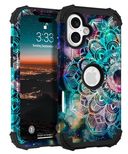 Hocase Schutzhülle für iPhone 16, 15,5 cm (6,1 Zoll), strapazierfähiger, stoßfester Schutz, weicher Silikongummi + Hartplastik, Hybrid-Schutzhülle für iPhone 16 2024, Mandala in Galaxie von Hocase