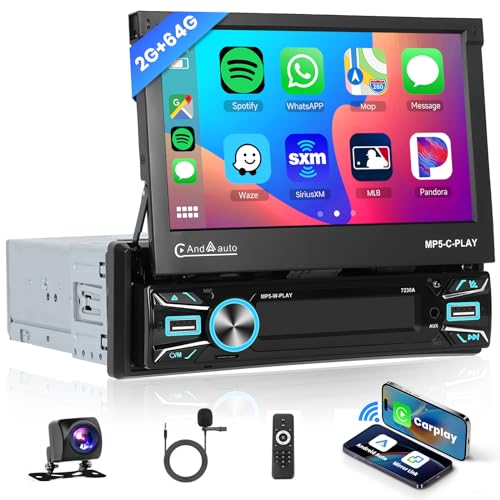 Hodozzy 1 Din 2GB 64GB Android Autoradio Wireless Carplay Android Auto, 7 Zoll Flip Out Touchscreen Autoradio mit GPS Navigation WiFi Bluetooth Mirror Link FM/RDS Radio, Rückfahrkamera, SWC,USB von Hodozzy